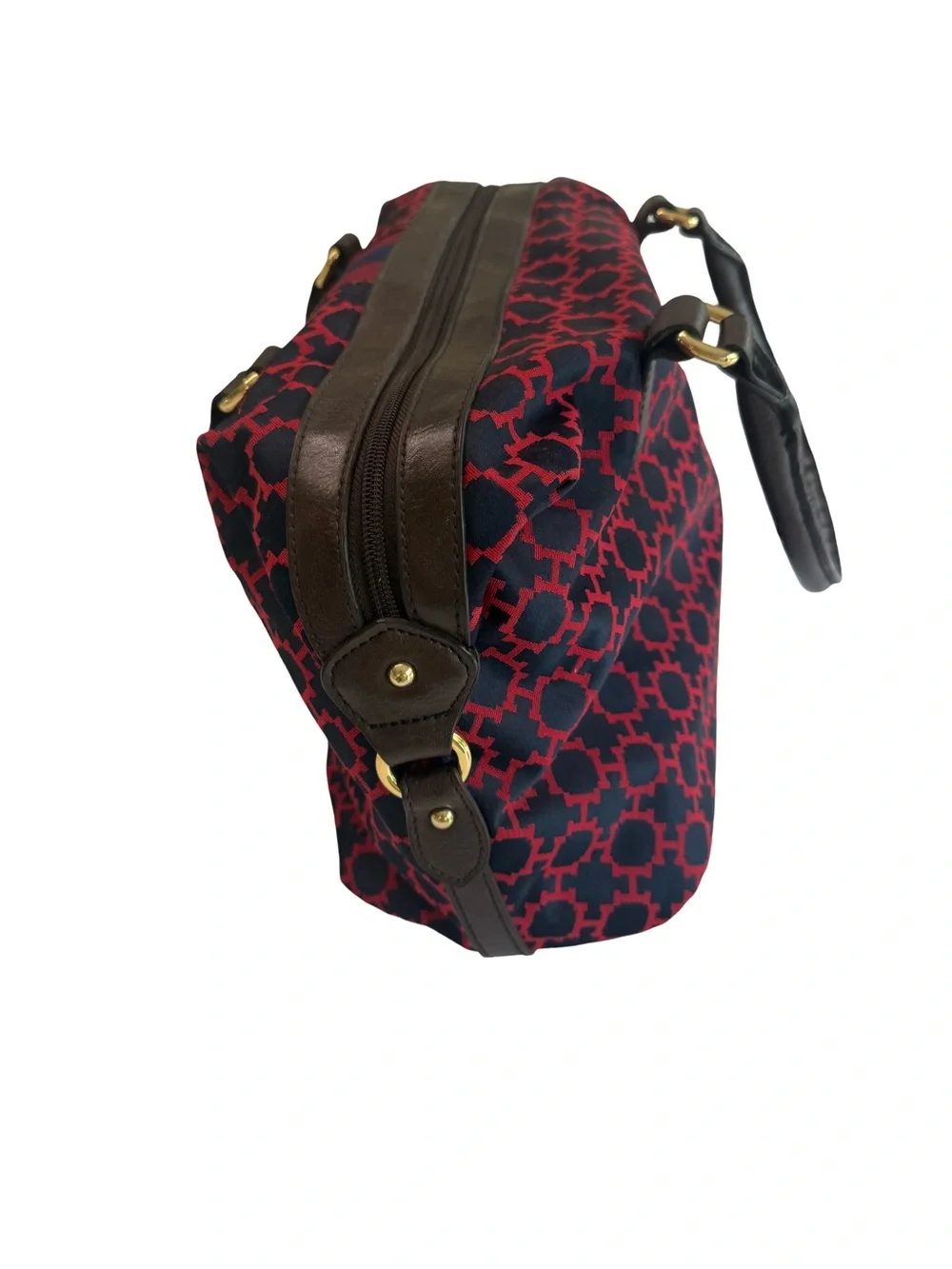 Tommy Hilfiger Nylon Satchel | Red Navy Monogram | Brown Trim